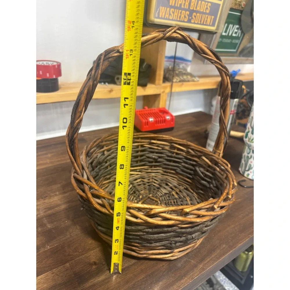 Rustic Two Tone Wicker Basket with Handle Round Woven Farmhouse Decor 11 inch